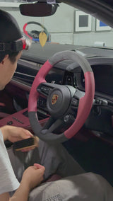 Porsche Cayenne / Macan Steering Wheel Wrap – Dark Grey Alcantara, Wine red leather sides, Wine red stitch, Dark grey Alcantara marker