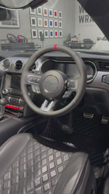 Ford Mustang S550 (2015–2023) Steering Wheel Wrap – Black Leather (smooth top, perforated sides), Black stitch, Red Alcantara® marker
