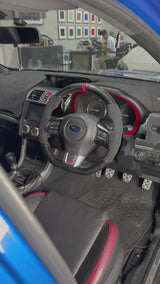 Subaru WRX / STI VA (2015–2021) Steering Wheel Wrap – Gloss Carbon top / Black Alcantara sides, Red stitch, Red Alcantara marker