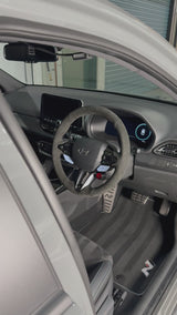 Hyundai i30 / i30 N (2017+) Steering Wheel Wrap – Dark Grey Alcantara top / Perforated sides, Black stitch