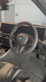 BMW G-Series (2019-2024) Steering Wheel Wrap – Black Alcantara top / Black Perforated Leather sides, BMW M stitch, Red Alcantara® marker
